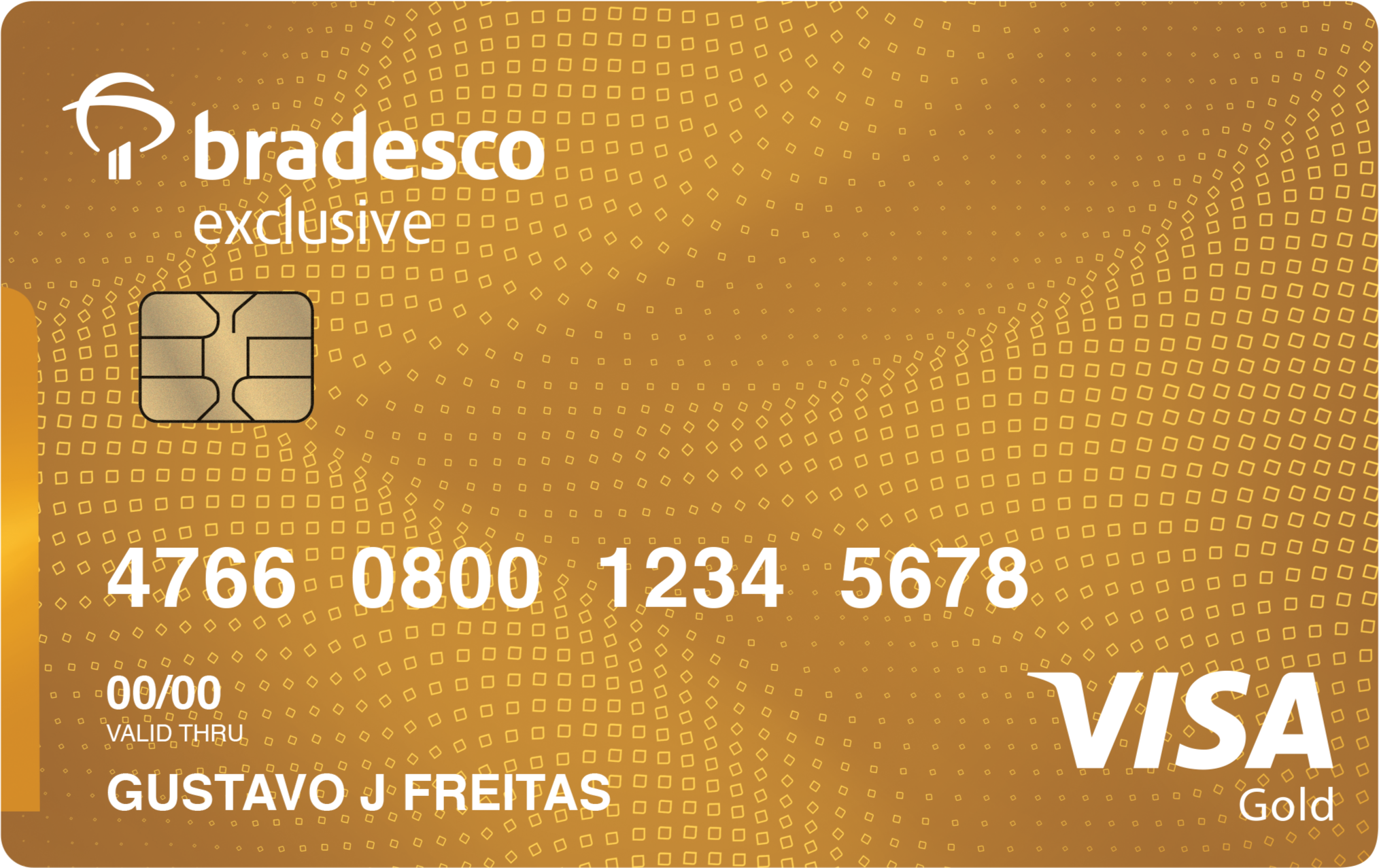 Cartão de Banco Bradesco cor cinza dourado com bandeira Visa Gold